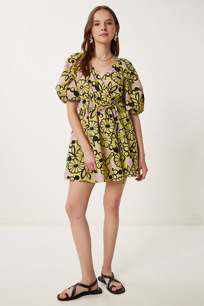 Happiness İstanbul Women's Yellow Lilac Wrap Collar Patterned Summer Dress Fk00022