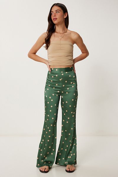 Happiness İstanbul Khaki-beige gepunktete Satinoberflächenhose für Damen WF00158