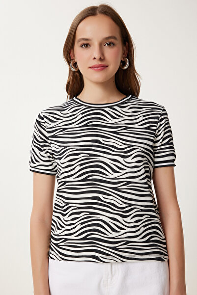 Happiness İstanbul Γυναικεία Μαύρη Λευκή Πλεκτή Εύκαμπτη Μπλούζα TP00078