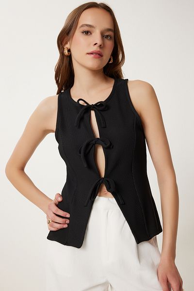 Happiness İstanbul Women's Black Lace-Up Detailed Ribbed Knitted Blouse Pb00039