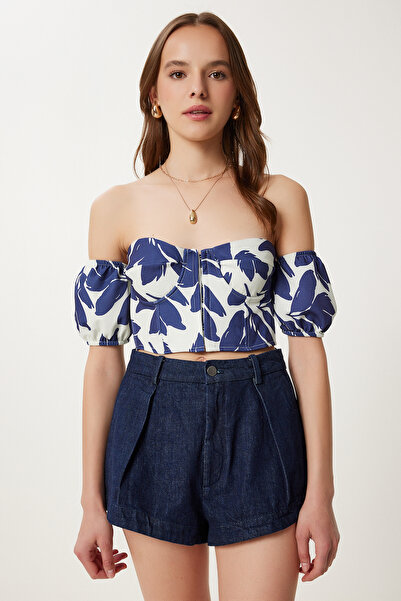 Happiness İstanbul Γυναικεία Κρέμα Μπλουζάκι Βισκόζης με μοτίβο Navy Blue CR00510
