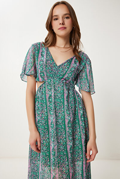 Happiness İstanbul Γυναικείο φόρεμα σιφόν με πράσινο ροζ σχέδιο με λεπτομέρεια FG00032