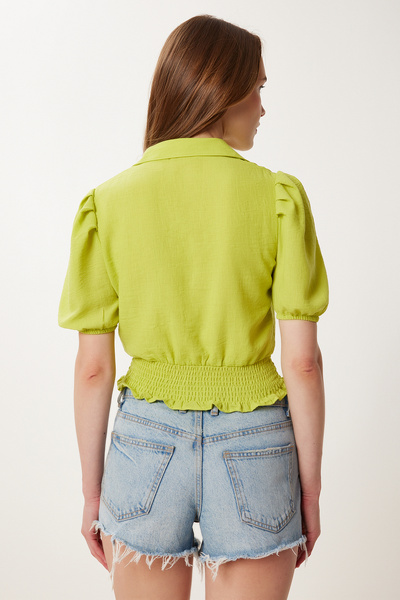 Happiness İstanbul Γυναικείο λινό πουκάμισο με μπαλόνι με λαδιό πράσινο μπλουζάκι TP00081