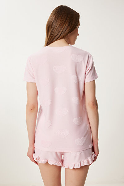 Happiness İstanbul Kadın Şeker Pembe Kalp Dokulu Şortlu Örme Pijama Takımı FP00011