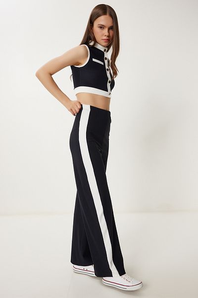 Happiness İstanbul Women's Black Contrast Color Ribbed Knitted Suit Zv00328