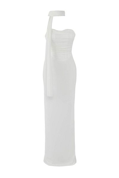 Trendyol Collection White Scarf Tulle Knitted Maxi Evening Dress Night Graduation Dress Tprss25Ae00056