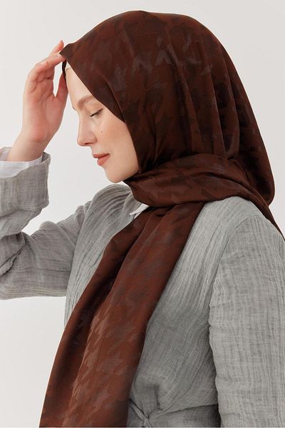 MİRSOY SCARF Shiny Jacquard Patterned Houndstooth Shawl - Brown