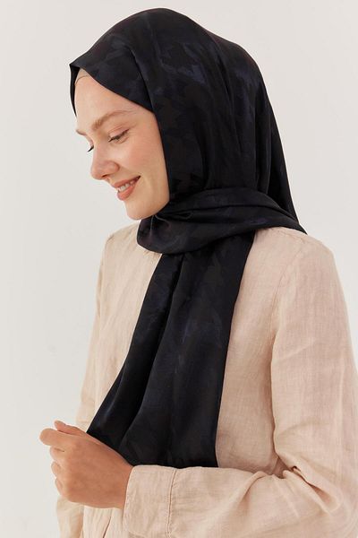 MİRSOY SCARF Shiny Jacquard Patterned Houndstooth Shawl - Dark Navy
