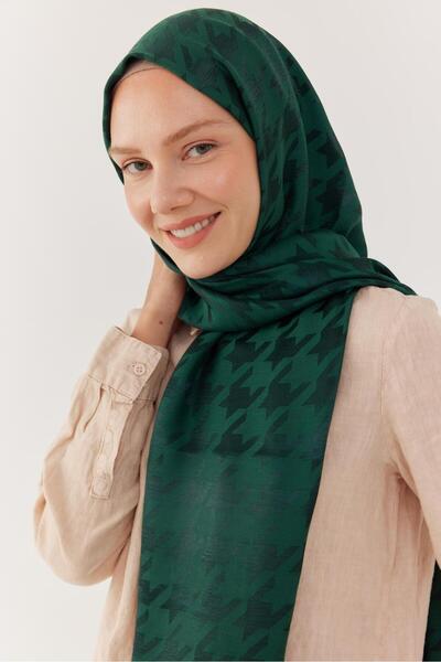 MİRSOY SCARF Kazayağı Desen Parlak Jakar Şal - Zümrüt