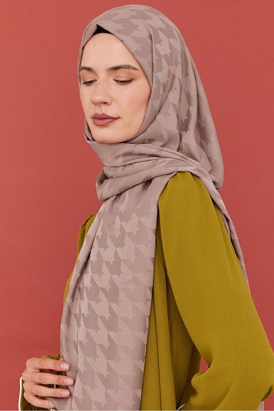 MİRSOY SCARF Light Mink Patterned Silky Jacquard Houndstooth Shawl