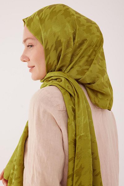 MİRSOY SCARF Oil Green Shiny Patterned Houndstooth Shawl
