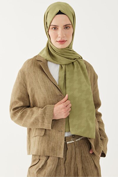 MİRSOY SCARF Soft Green Silky Jacquard Shawl - Houndstooth Pattern