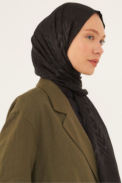 MİRSOY SCARF Γυαλιστερό ζακάρ μοτίβο ζιγκ-ζαγκ μαύρο σάλι