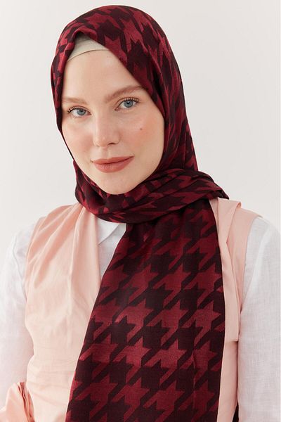 MİRSOY SCARF Burgundy Shiny Jacquard Houndstooth Patterned Shawl