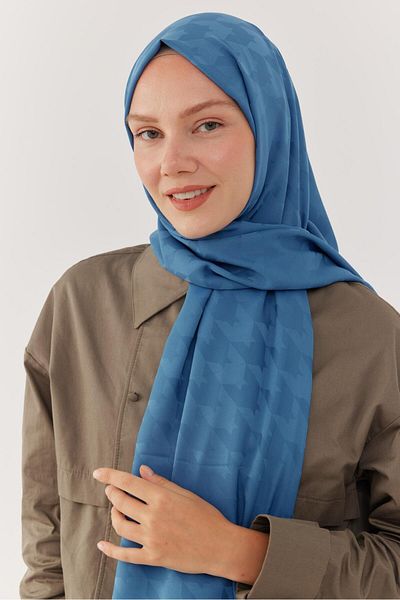 MİRSOY SCARF Şal jacquard albastru mătăsos - model picioare de gâscă