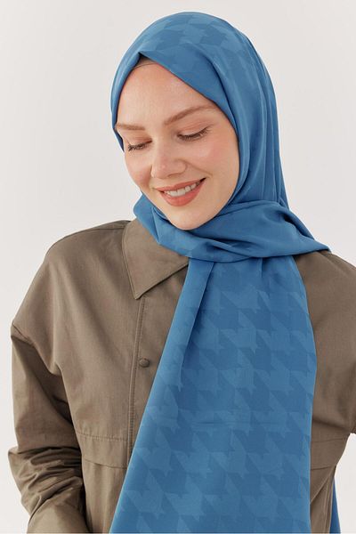 MİRSOY SCARF Şal jacquard albastru mătăsos - model picioare de gâscă