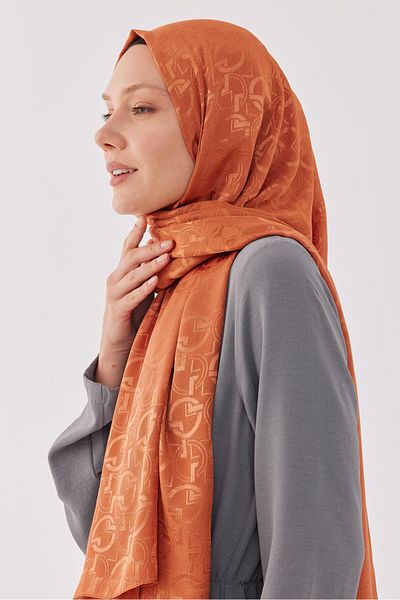 MİRSOY SCARF Shiny Jacquard Checker Patterned Shawl - Orange