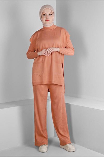 Alvina Triple Corded Slit Knitwear Trousers Set - 43214