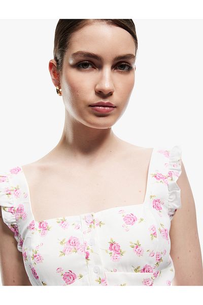 Koton Cotton Buttoned Square Neck Watermelon Sleeve Ruffled Floral Blouse