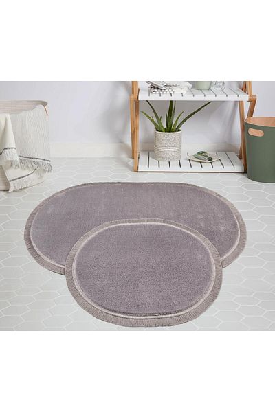 Myevilla My Evilla Modern Decorative Carpet Gel Non-Slip Base Plush Gray Fringed Oval Floor Mat Set 60x100
