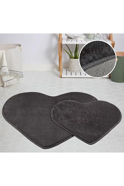 Myevilla My Evilla Modern Decorative Carpet Gel Non-Slip Base Plush Puffy Heart Model Anthracite Floor Mat Set 70X1