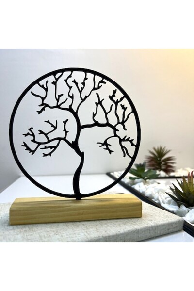 OEM "Tree of Life" decoration with natural wood base, 17 cm, black, 3D printed