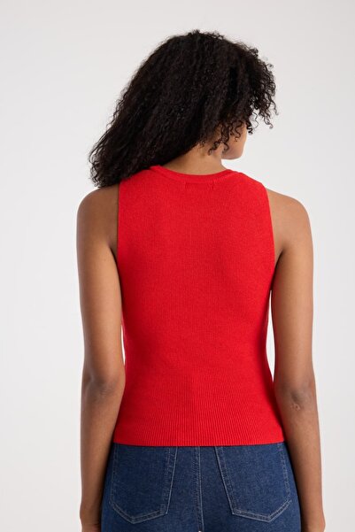 İLKCET MODA Basic Red Sleeveless Crop Women's Knitwear