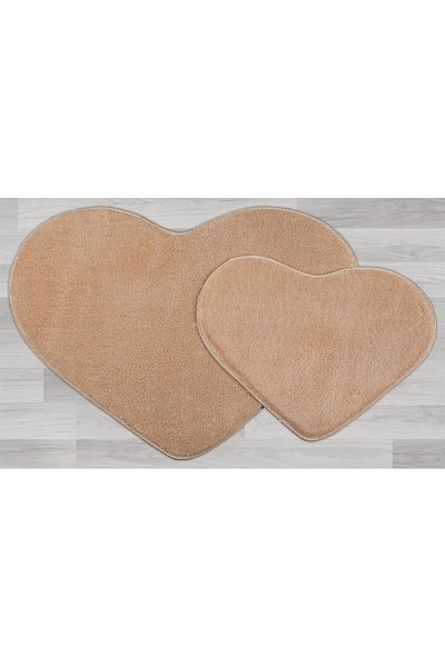 Myevilla My Evilla Modern Decorative Carpet Gel Non-Slip Base Plush Puffy Heart Model Cappıcıno Floor Mat Set 70X