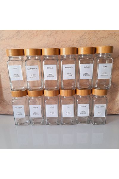 umut züccaciye 12 Piece Glass Spice Jar Set with Bamboo Lid 120ml with Label Gift