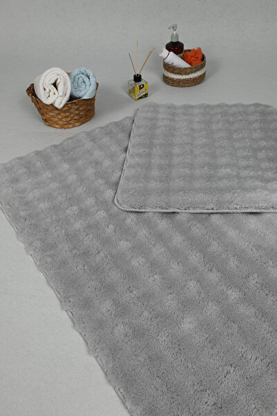 Myevilla Modern Bubble 2-Piece Gray Plush Bath Mat Rug Set - Washable Non-Slip 60x100-50x60cm