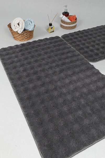 Myevilla Modern Bubble 2-Piece Toilet Set - Washable, Non-Slip Plush, Bath Mat Rug 60x100-50x60cm Anthracite