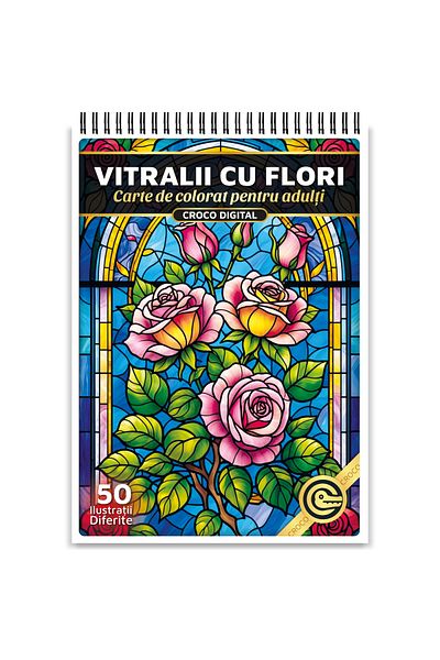 OEM Adult Coloring Book, Stained Glass Flowers, 50 Antistress Illustrations for Relaxation