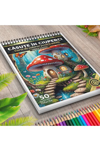 OEM Coloring Book for Adults, Mushroom Houses, 50 Antistress Illustrations for Relaxation
