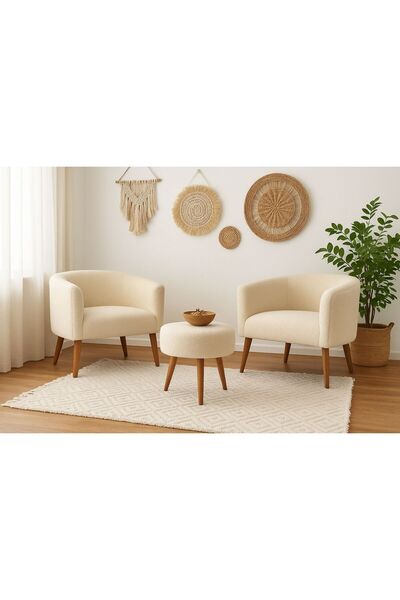 WEBPANYA Milano Krem Teddy Çay Seti İkili Koltuk Berjer Ve Puf Takımı (salon, Balkon, Ofis) 3 Lü