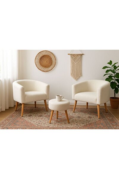 WEBPANYA Milano Beyaz Teddy Çay Seti İkili Koltuk Berjer Ve Puf Takımı (salon...