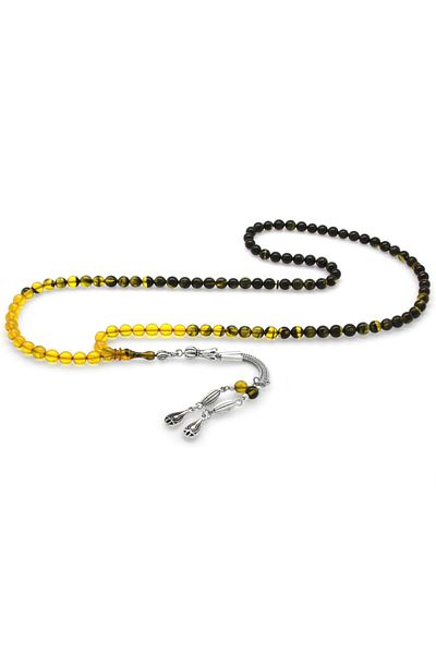 Tesbihane Non-Tarnish Metal Water Drop Tasseled Globe Cut Filtered Yellow-black Fire Amber 99 Pcs Rosary