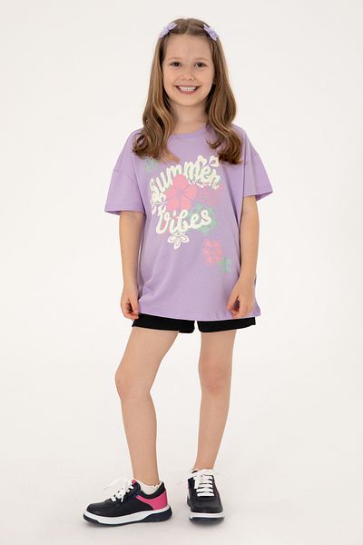 U.S. Polo Assn. Girls' Lilac Comfort Crew Neck Floral Printed Cotton T-Shirt 50306203-Vr034