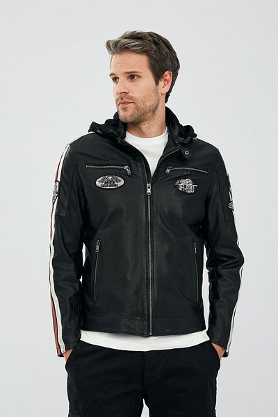 Derimod Men's Black Sports Leather Coat - Formula, Hooded, Coat of Arms 22wgm6458wf