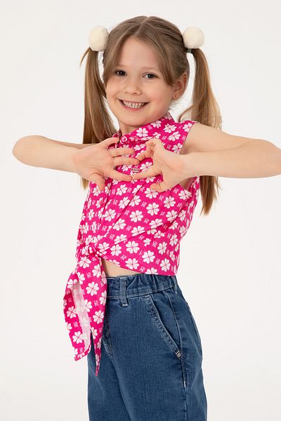 U.S. Polo Assn. Girls Fuchsia Flower Patterned Tie-Up Sleeveless Shirt 50306580-Vr023