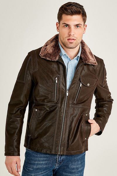 Derimod Men's Leather Jacket - Brown, Fur Collar, Angelo 19wgd60530m