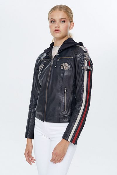 Derimod Ladyracer Women's Black Sports Leather Coat - Embroidered Hood, 22wgm500151