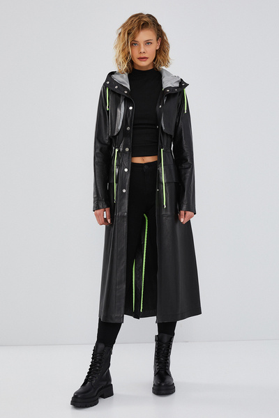 Derimod Rihanna Women Black Hooded Leather Trench Coat 23Wgd5082U4