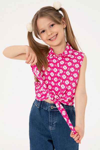 U.S. Polo Assn. Girls Fuchsia Flower Patterned Tie-Up Sleeveless Shirt 50306580-Vr023