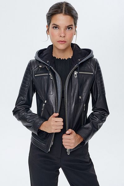Derimod Zoom Women's Black Hooded Leather Sports Jacket - 22wgd5018ve