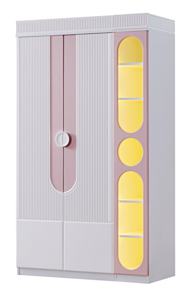 Setay Gardırop, Vira 4 Kapaklı Dolap ve Ledli Kitaplık - Pembe