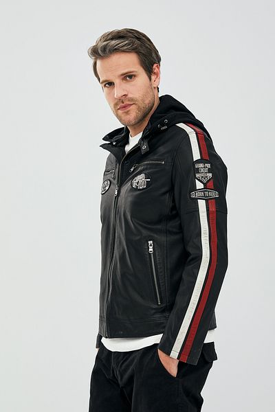 Derimod Men's Black Sports Leather Coat - Formula, Hooded, Coat of Arms 22wgm6458wf