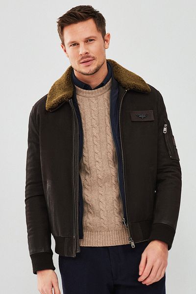 Derimod Falcon Men's Brown Embroidered Collar Furry Leather Pilot Jacket 22Wgd6262Kn