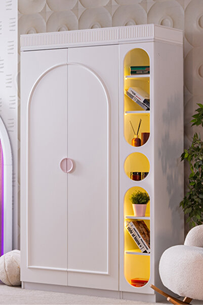 Setay Gardırop, Dolunay 2 Kapaklı Dolap ve Ledli Kitaplık - Pembe