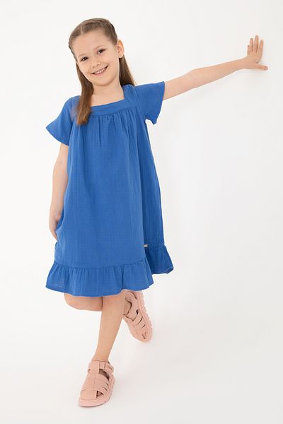 U.S. Polo Assn. Girl's Blue Short Sleeve Muslin Fabric Woven Dress 50306602-Vr036