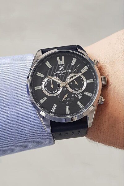 Daniel Klein Tüm Fonksiyonları Aktif Siyah Deri Kayışlı Siyah Kadran Takvimli...